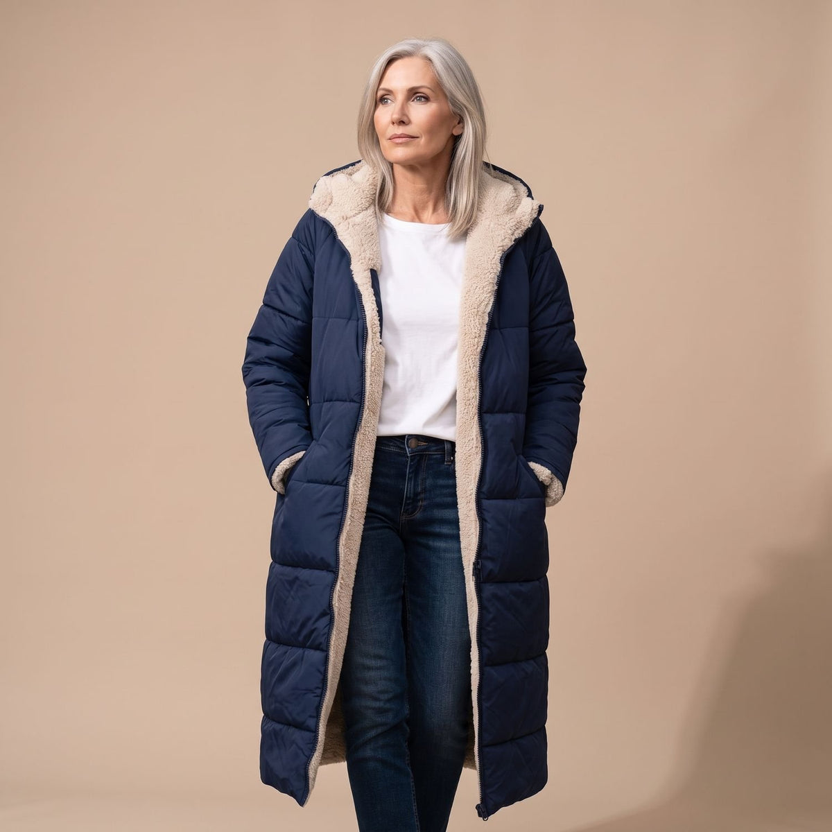 Women's Reversible Long Wool Coat Streamlined Elegant Silhouette