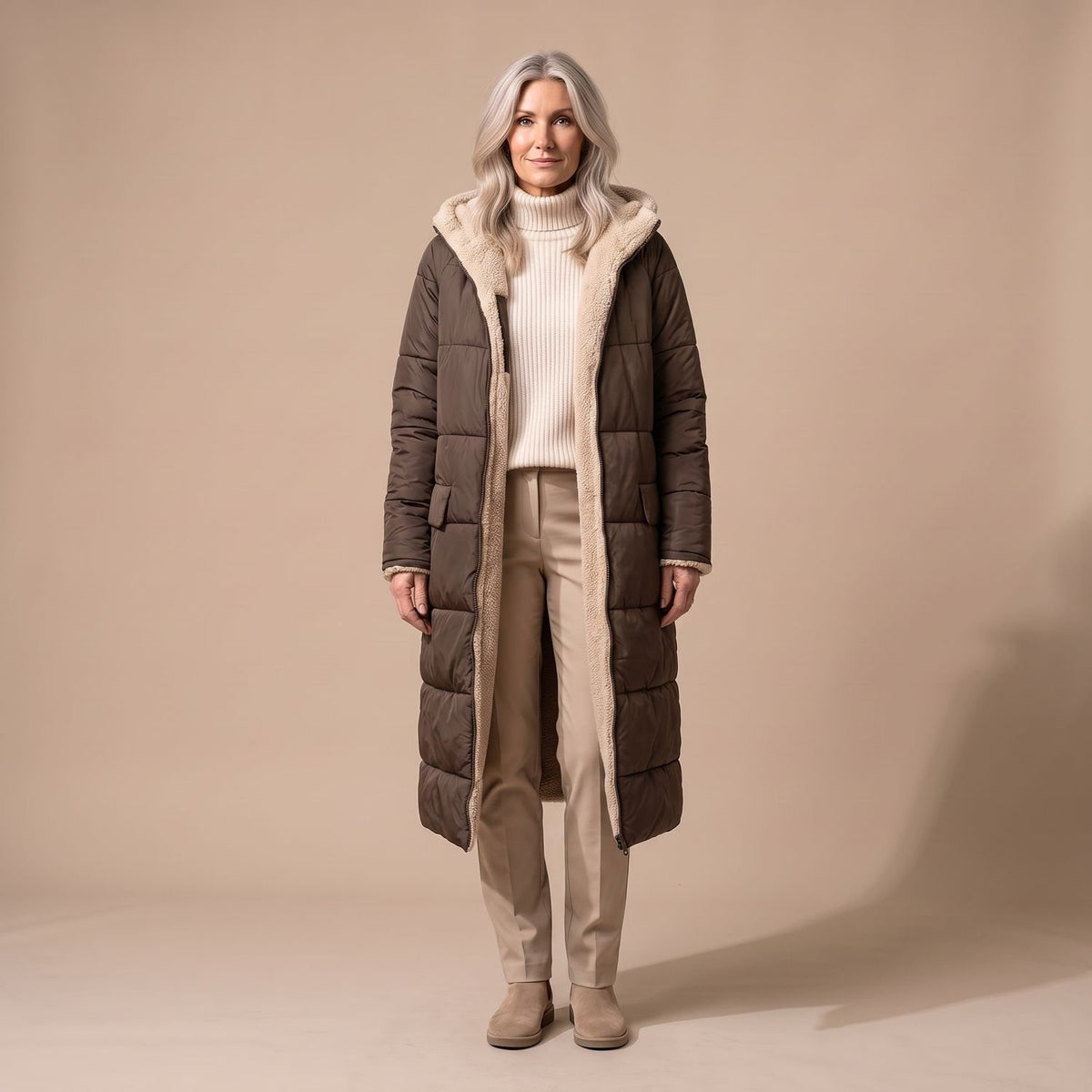 Women's Reversible Long Wool Coat Streamlined Elegant Silhouette