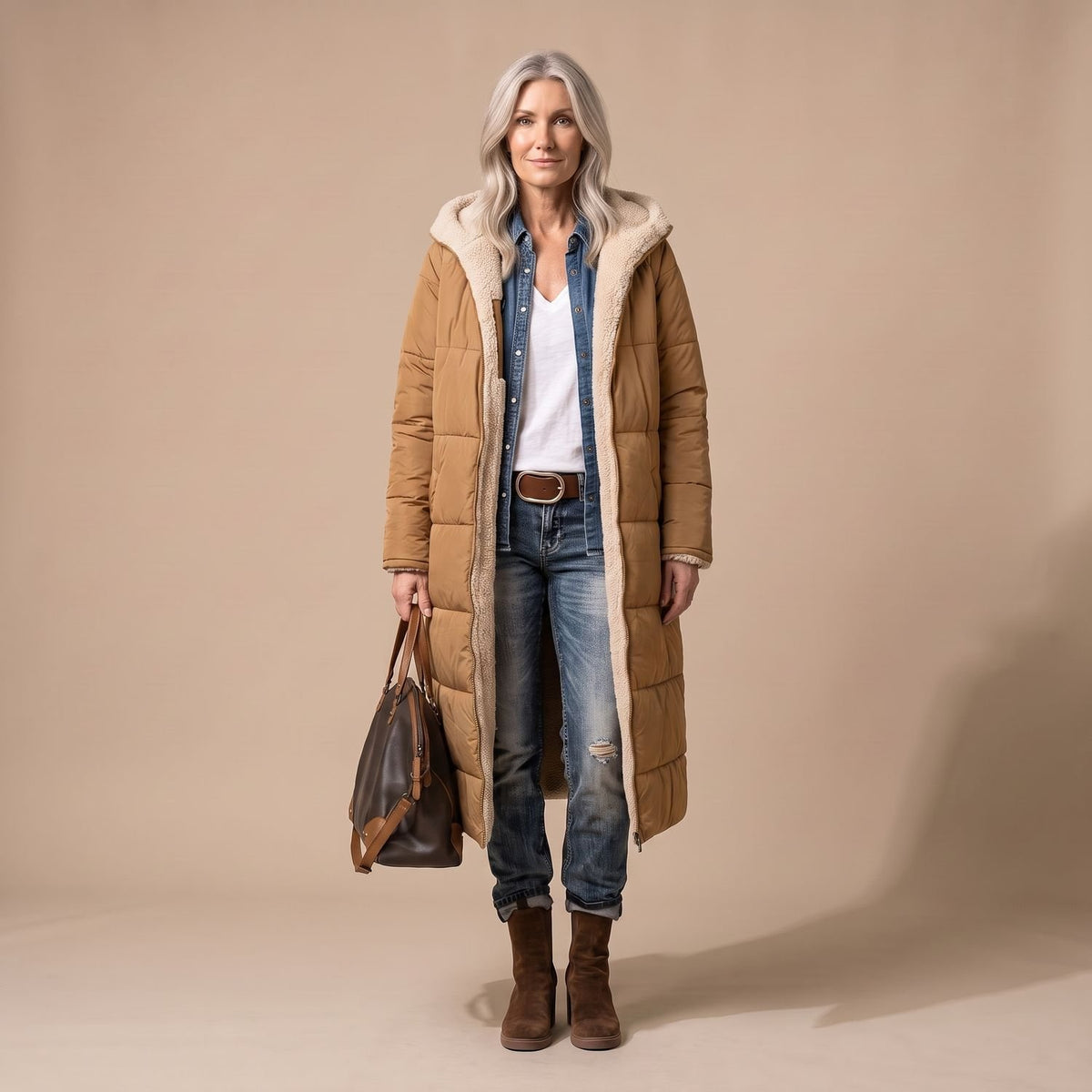 Women's Reversible Long Wool Coat Streamlined Elegant Silhouette - Cognac