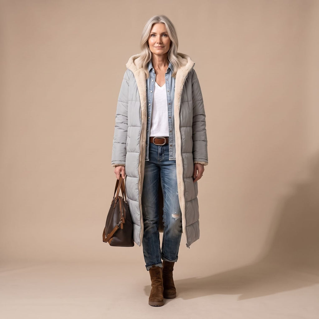 Women's Reversible Long Wool Coat Streamlined Elegant Silhouette - Gray
