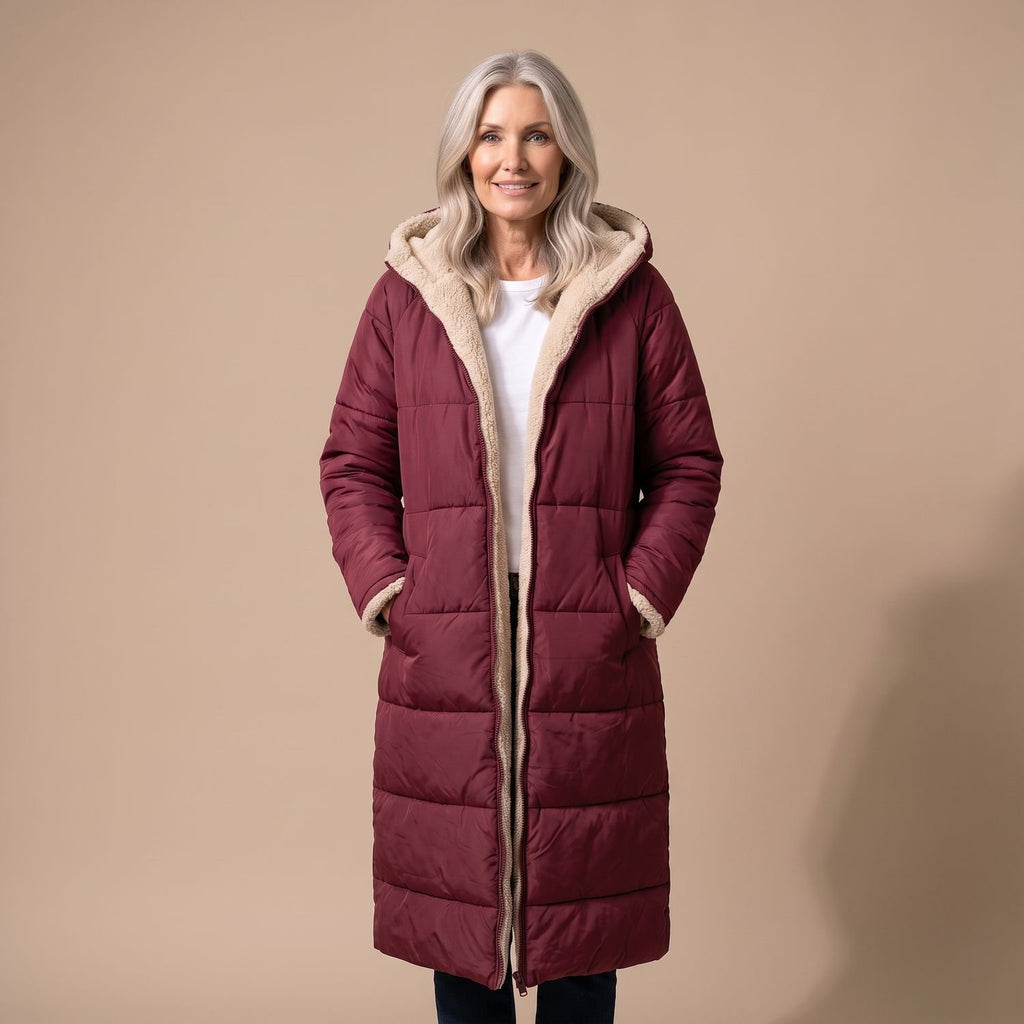 Women's Reversible Long Wool Coat Streamlined Elegant Silhouette - Red