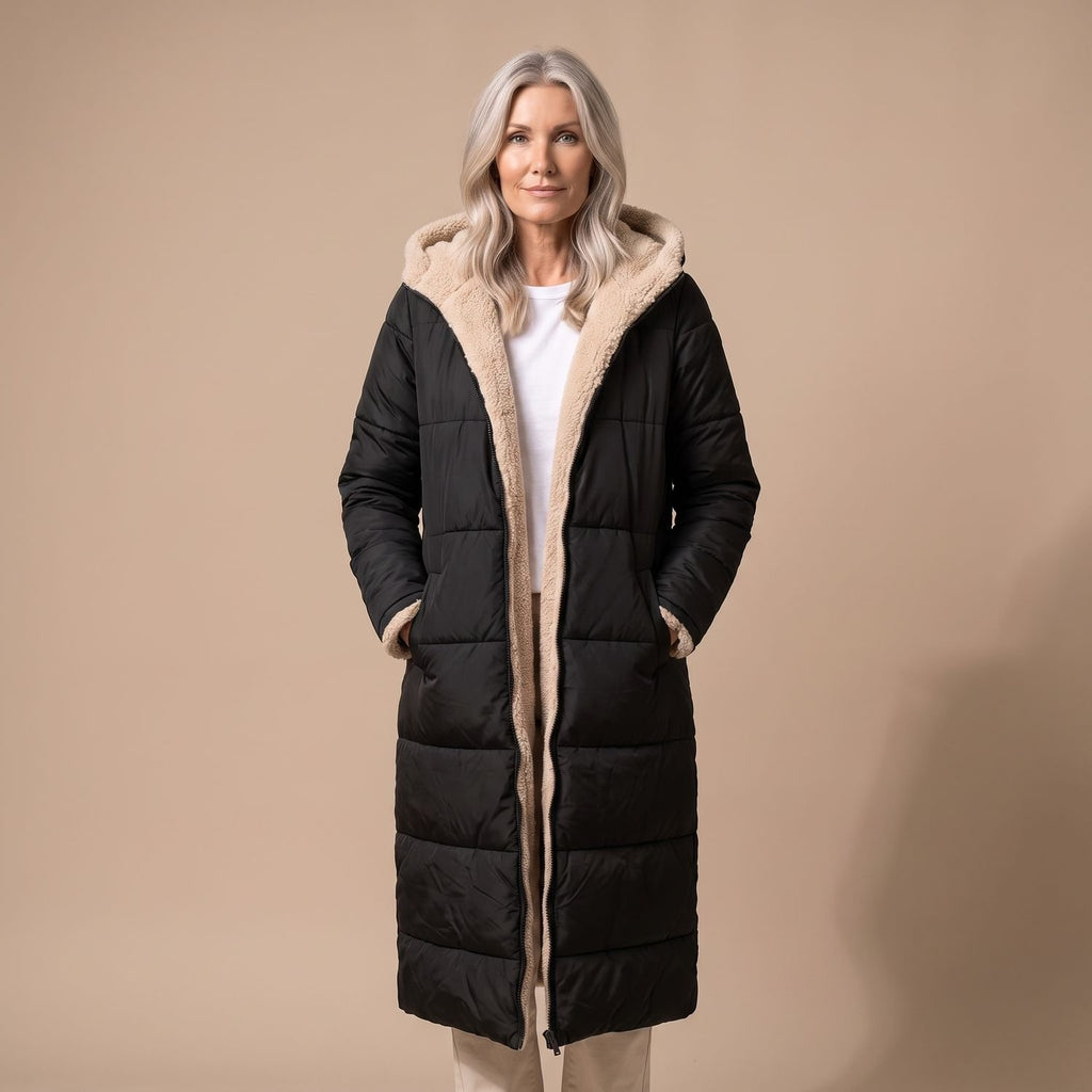 Women's Reversible Long Wool Coat Streamlined Elegant Silhouette - Black