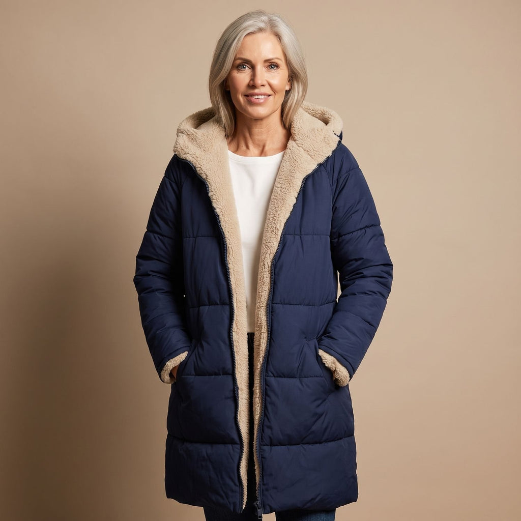 Women's Reversible Long Wool Coat Streamlined Elegant Silhouette - Blue