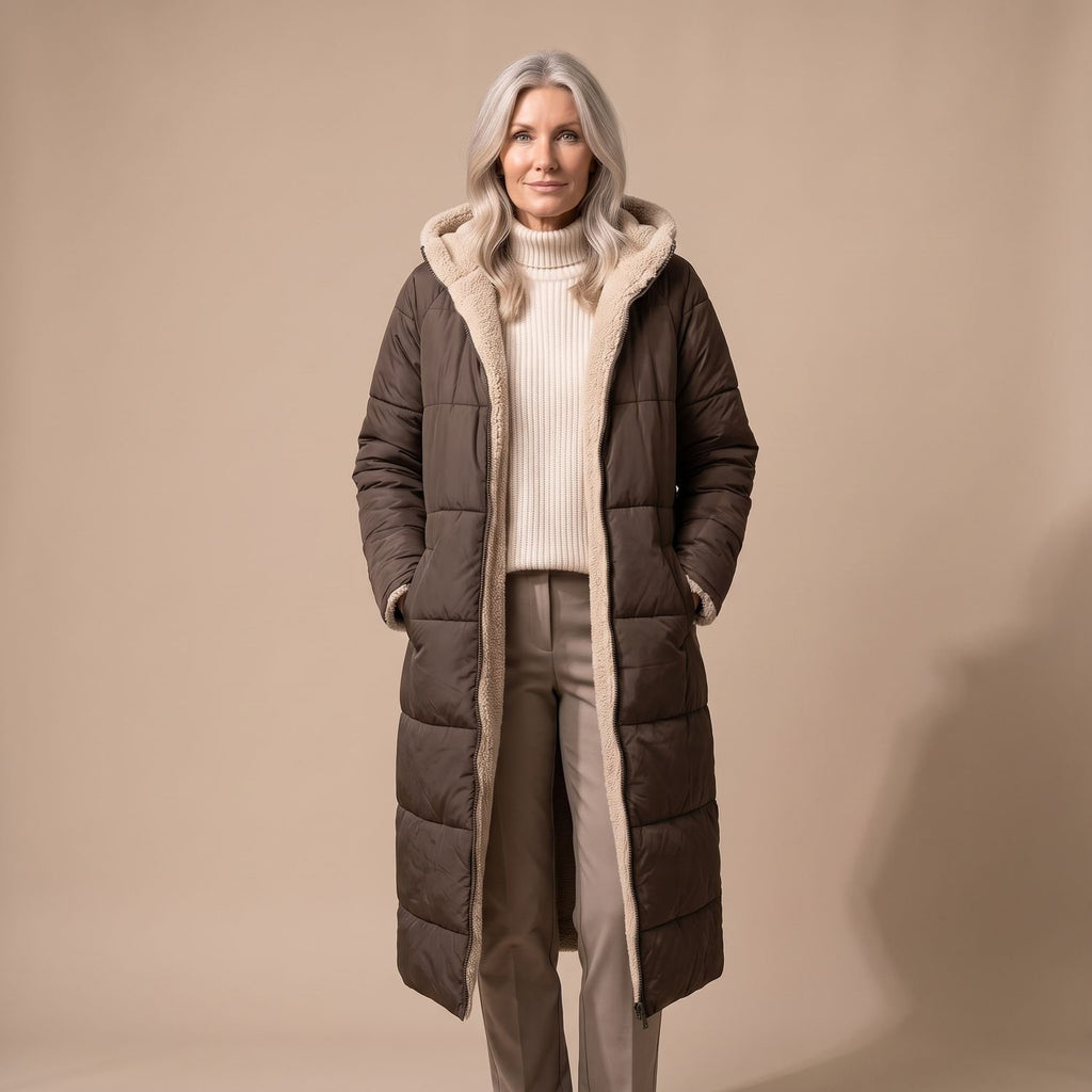 Women's Reversible Long Wool Coat Streamlined Elegant Silhouette - Brown