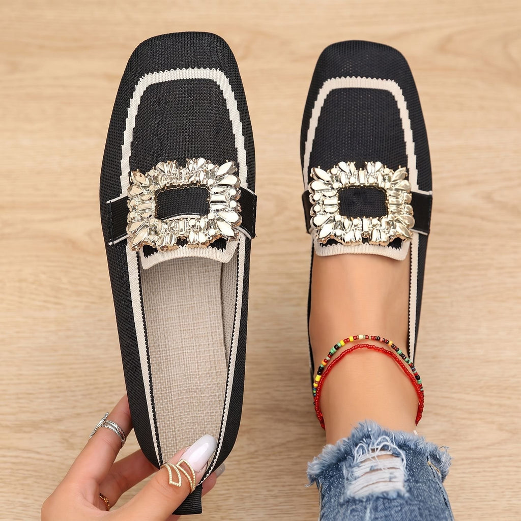 Women's Rhinestone Buckle Knit Slip-On Loafers - Black