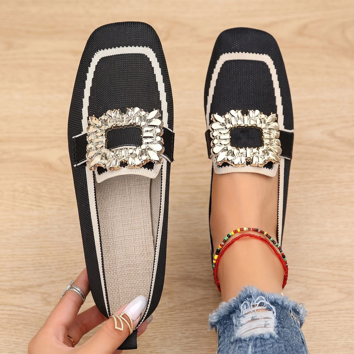 Women's Rhinestone Buckle Knit Slip-On Loafers - Black