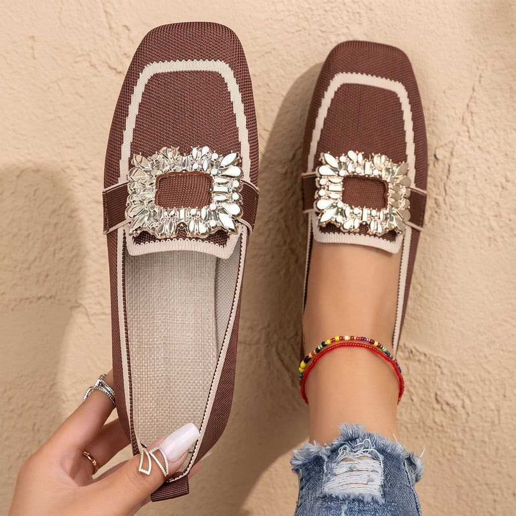 Women's Rhinestone Buckle Knit Slip-On Loafers - Brown