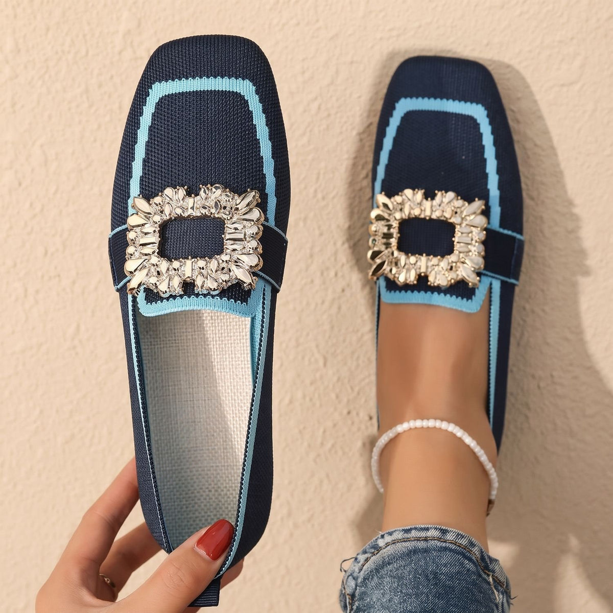 Women's Rhinestone Buckle Knit Slip-On Loafers - Blue