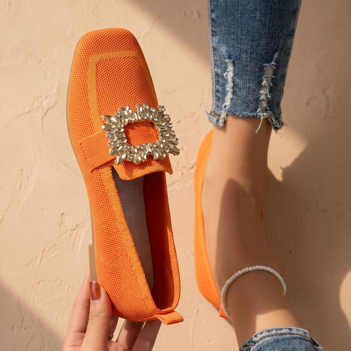 Women's Rhinestone Buckle Knit Slip-On Loafers - Orange