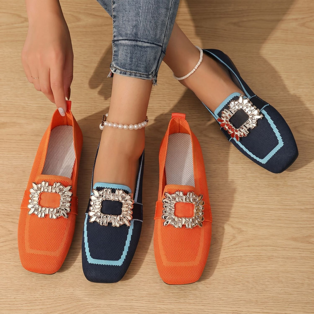 Women's Rhinestone Buckle Knit Slip-On Loafers