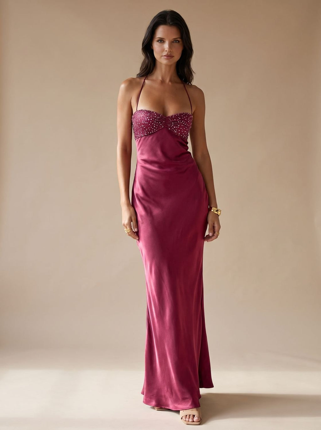 Women's Rhinestone-Embellished Halter-Neck Satin Maxi Dress - Violet
