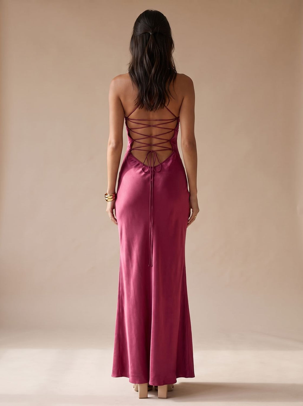 Women's Rhinestone-Embellished Halter-Neck Satin Maxi Dress