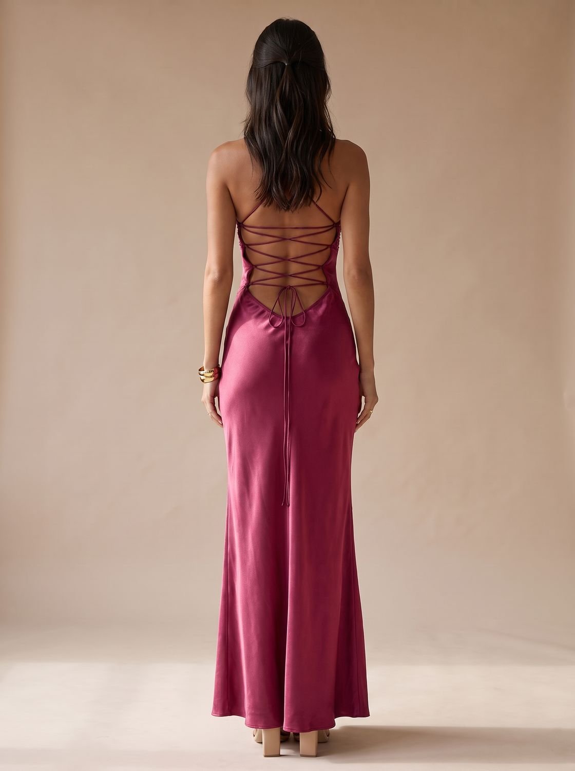 Women's Rhinestone-Embellished Halter-Neck Satin Maxi Dress