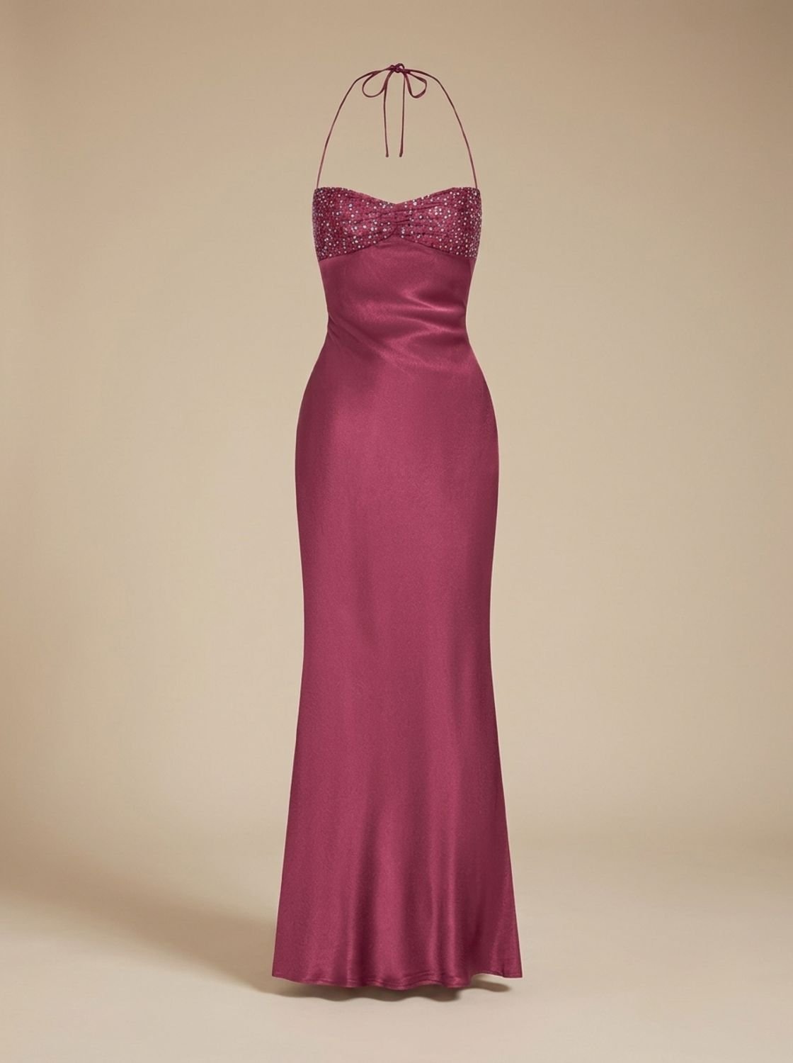 Women's Rhinestone-Embellished Halter-Neck Satin Maxi Dress