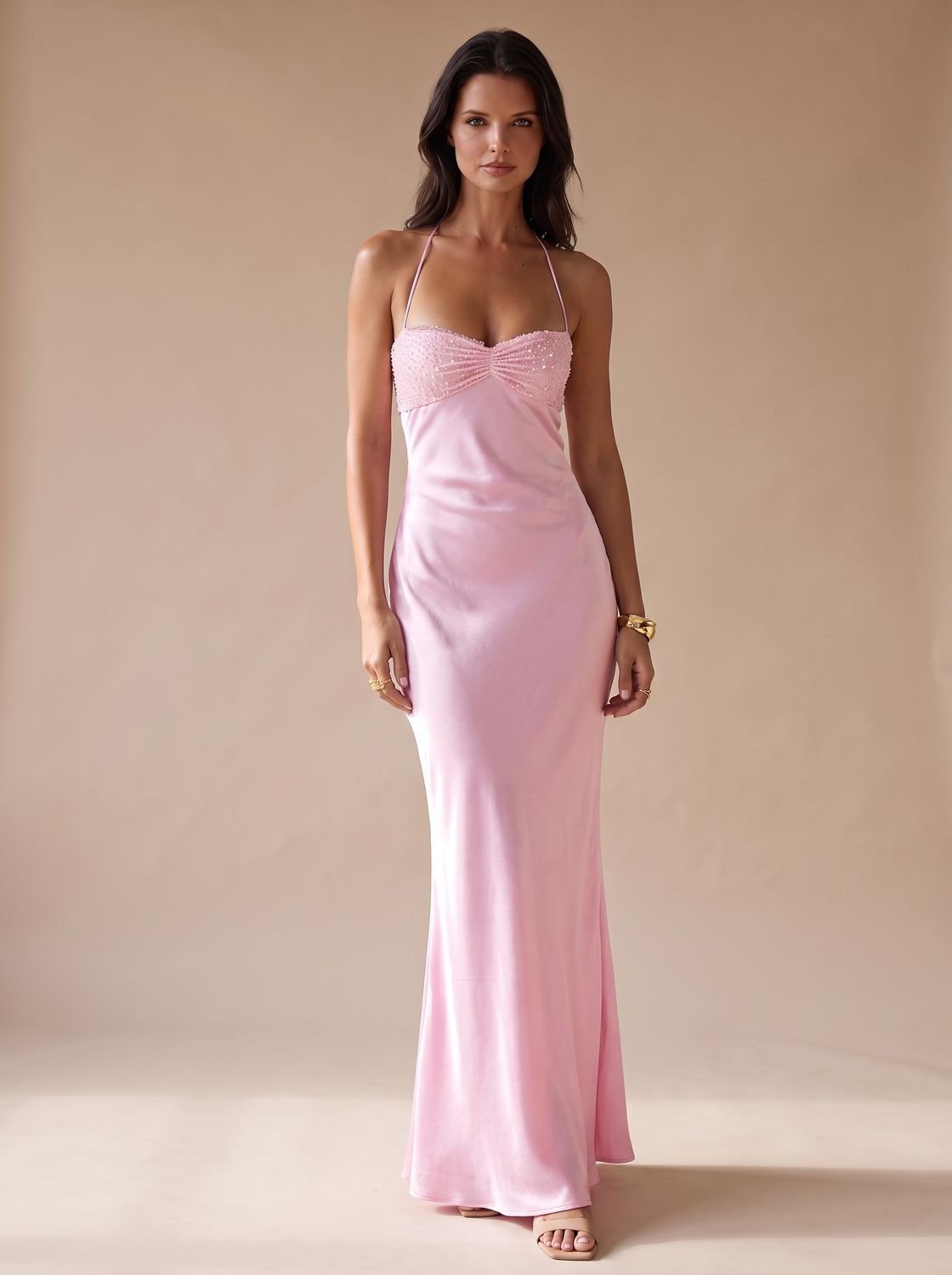 Women's Rhinestone-Embellished Halter-Neck Satin Maxi Dress - Light Pink Rose