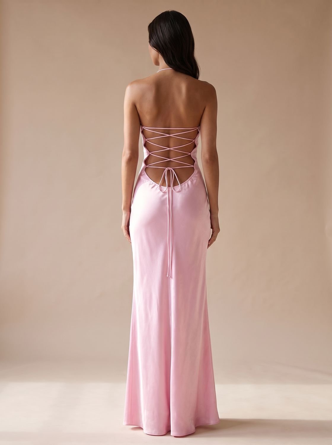 Women's Rhinestone-Embellished Halter-Neck Satin Maxi Dress
