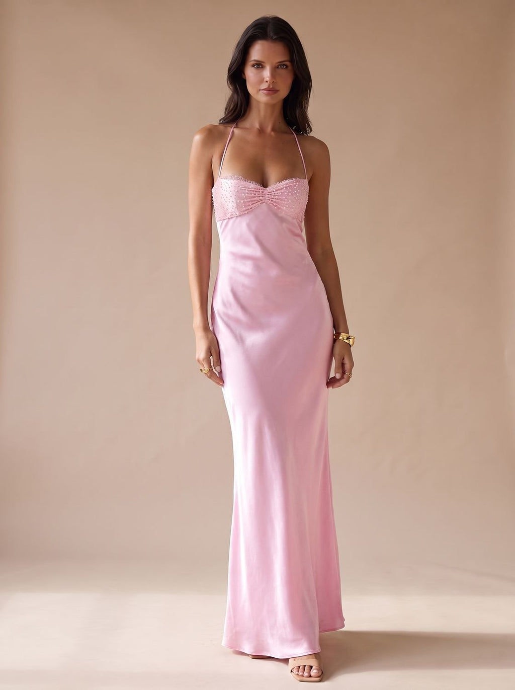 Women's Rhinestone-Embellished Halter-Neck Satin Maxi Dress