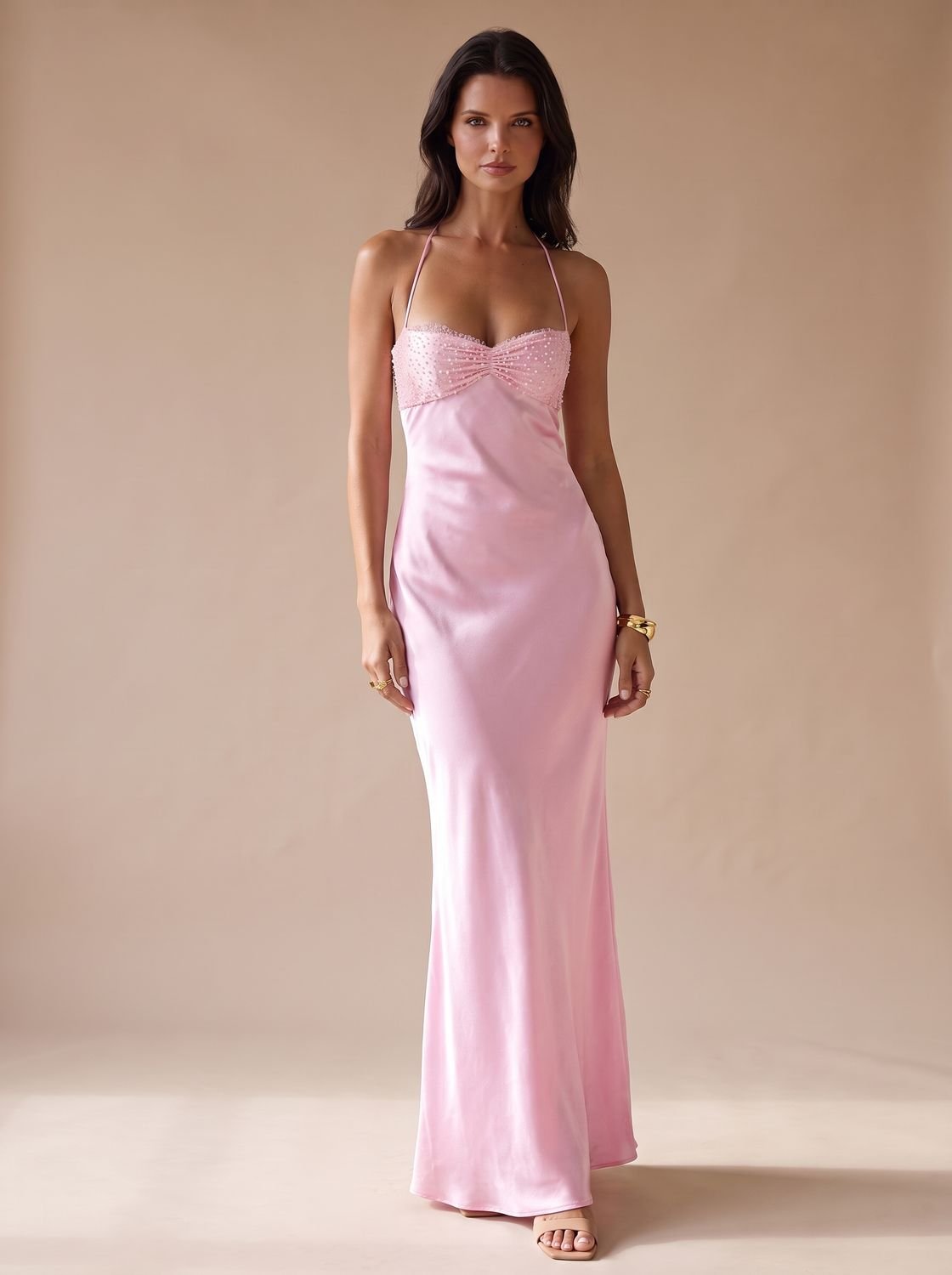 Women's Rhinestone-Embellished Halter-Neck Satin Maxi Dress