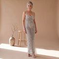 Women's Rhinestone Mesh Sleeveless Sequin Dress Maxi Gown - Silver