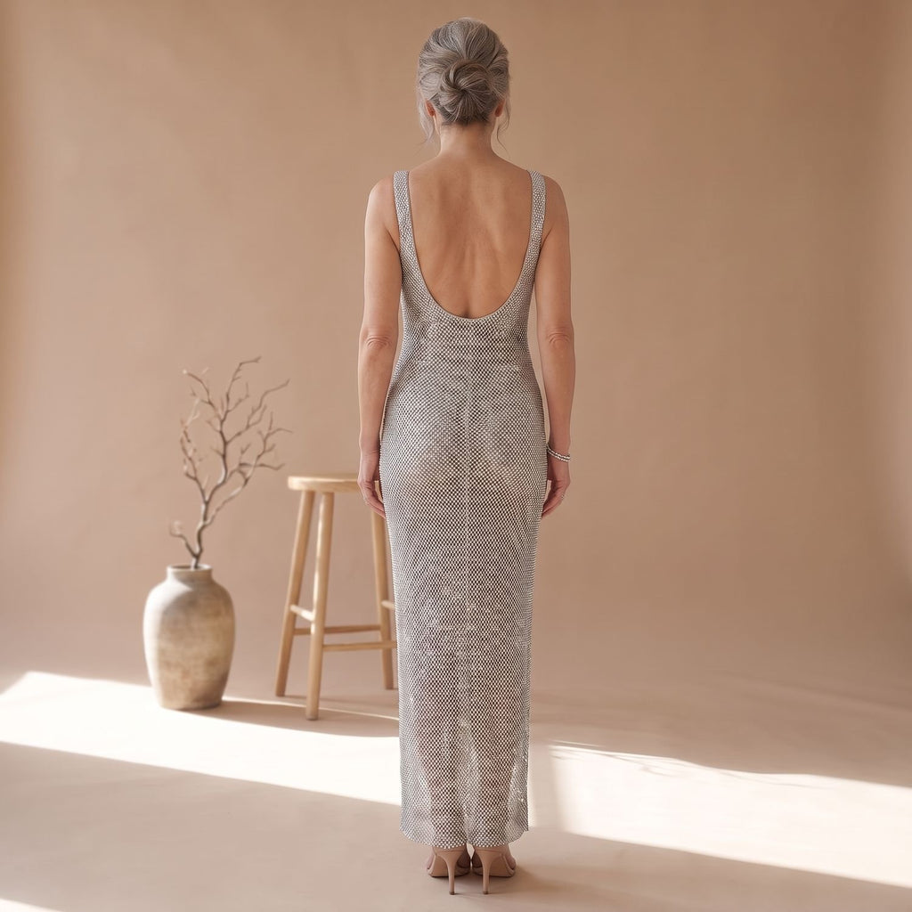 Women's Rhinestone Mesh Sleeveless Sequin Dress Maxi Gown