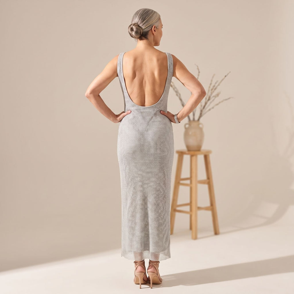 Women's Rhinestone Mesh Sleeveless Sequin Dress Maxi Gown