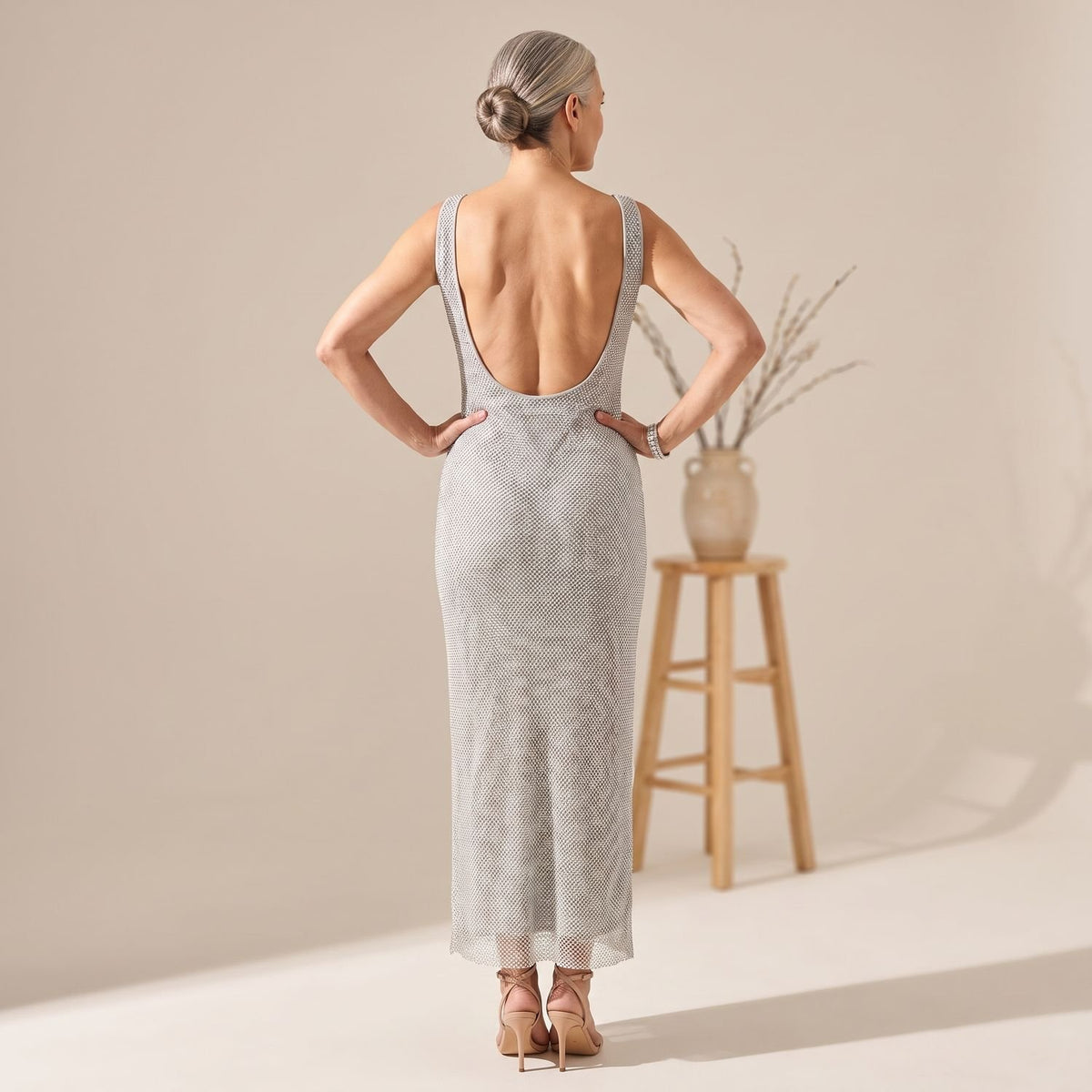 Women's Rhinestone Mesh Sleeveless Sequin Dress Maxi Gown
