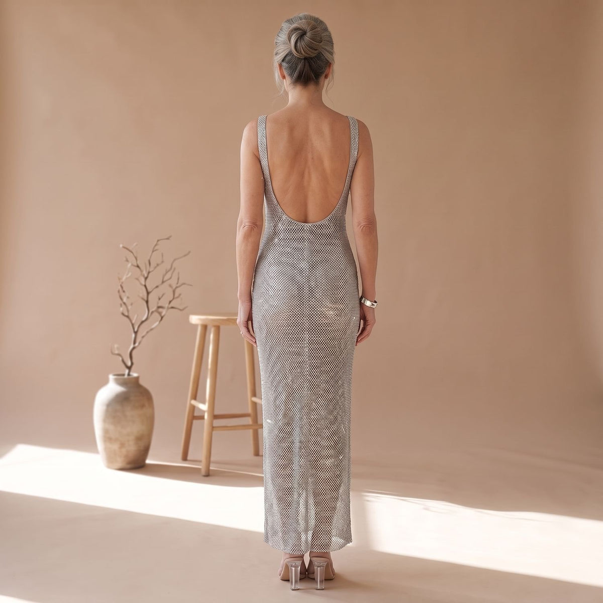 Women's Rhinestone Mesh Sleeveless Sequin Dress Maxi Gown