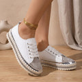 Women's Rhinestone Orthopedic Lace-Up Low-Top Sneakers - White