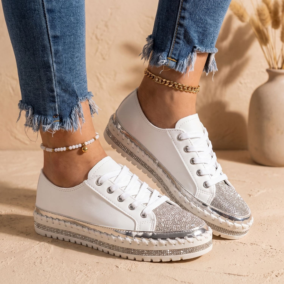 Women's Rhinestone Orthopedic Lace-Up Low-Top Sneakers