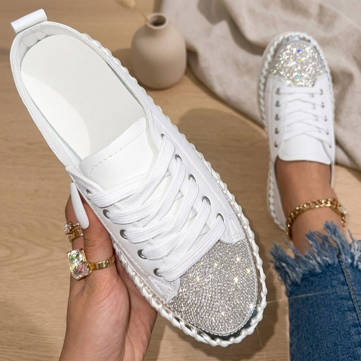 Women's Rhinestone Orthopedic Lace-Up Low-Top Sneakers