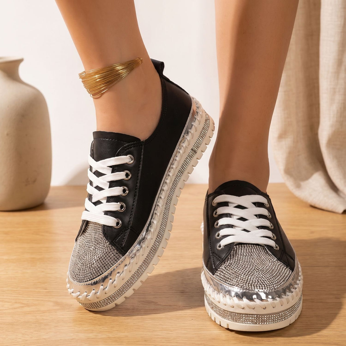 Women's Rhinestone Orthopedic Lace-Up Low-Top Sneakers - Black