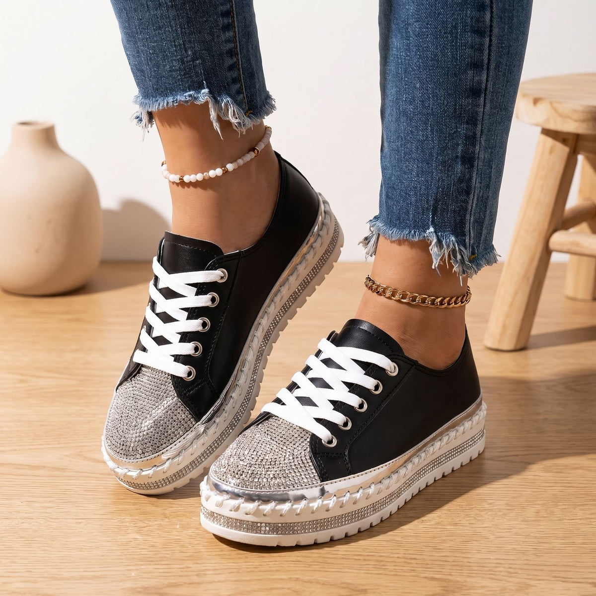 Women's Rhinestone Orthopedic Lace-Up Low-Top Sneakers