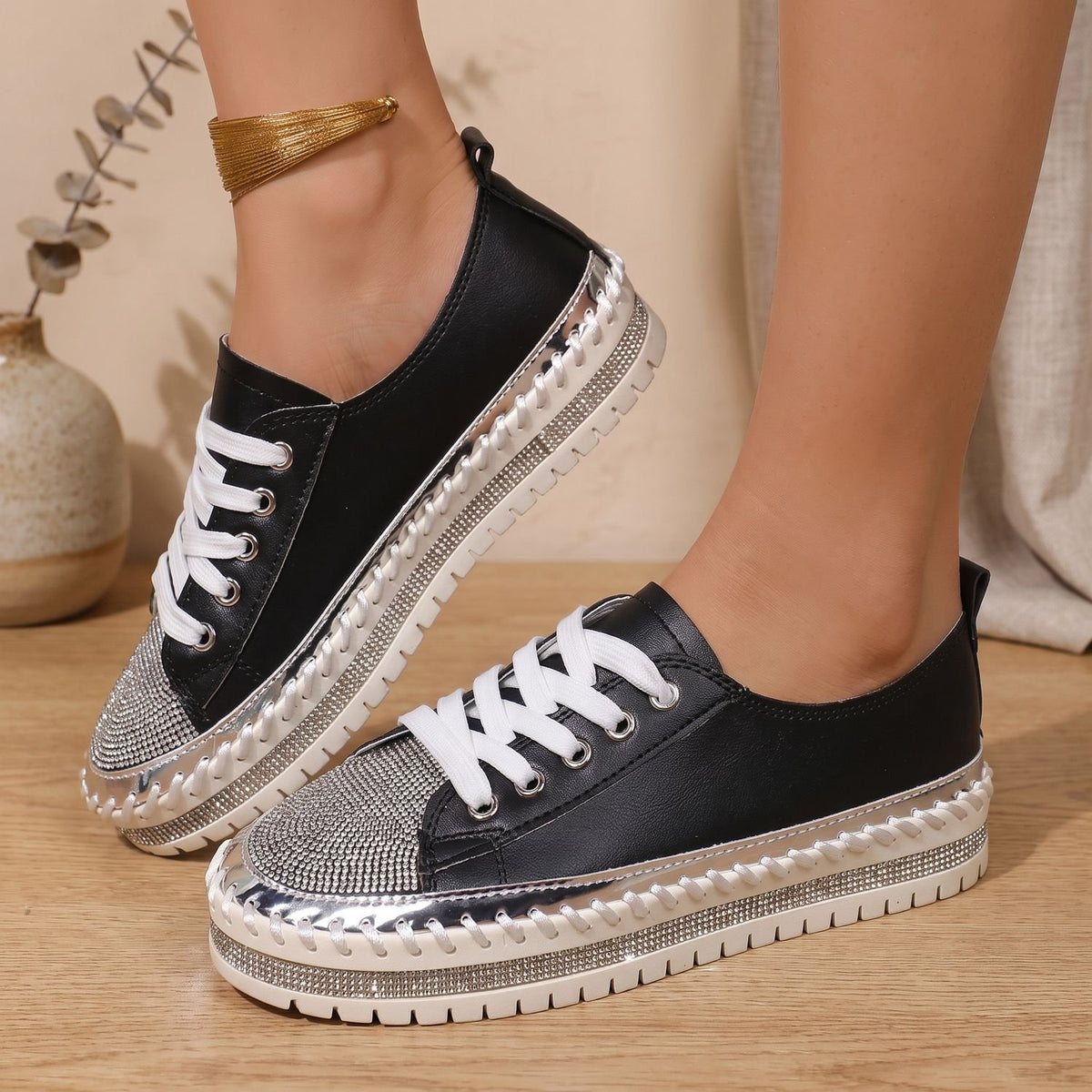 Women's Rhinestone Orthopedic Lace-Up Low-Top Sneakers