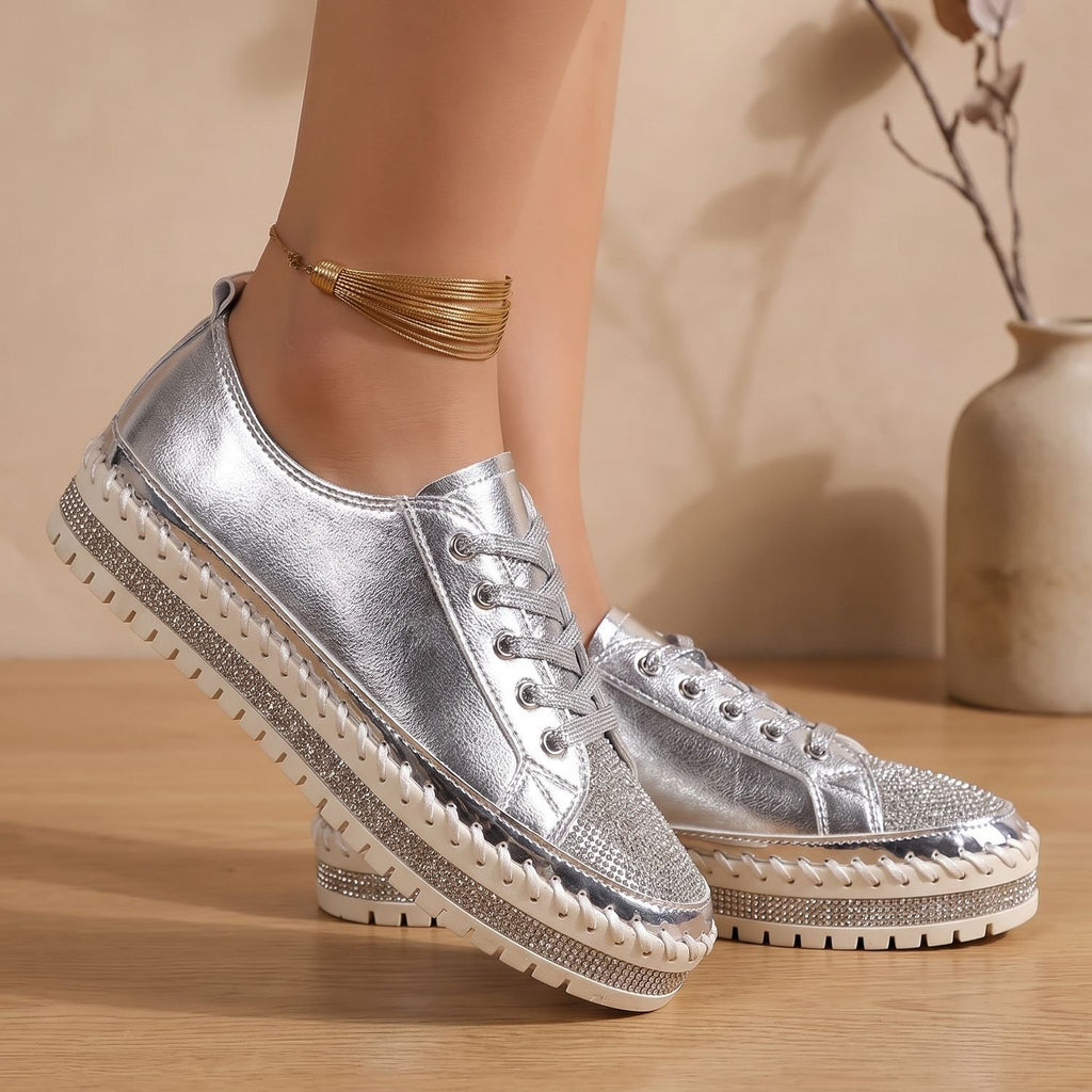 Women's Rhinestone Orthopedic Lace-Up Low-Top Sneakers - Silver
