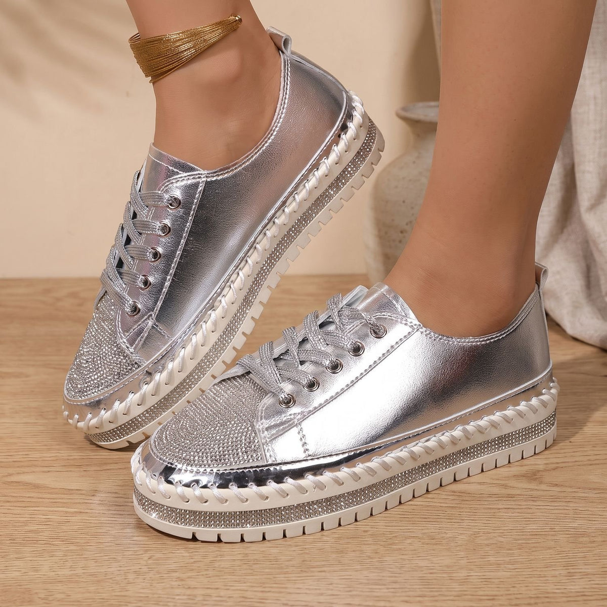 Women's Rhinestone Orthopedic Lace-Up Low-Top Sneakers
