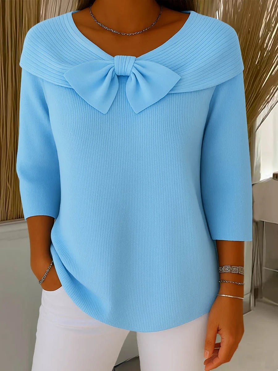 Women's Ribbed Bow-Detail 3/4 Sleeve Knit Sweater - Blue