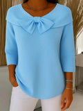 Women's Ribbed Bow-Detail 3/4 Sleeve Knit Sweater - Blue