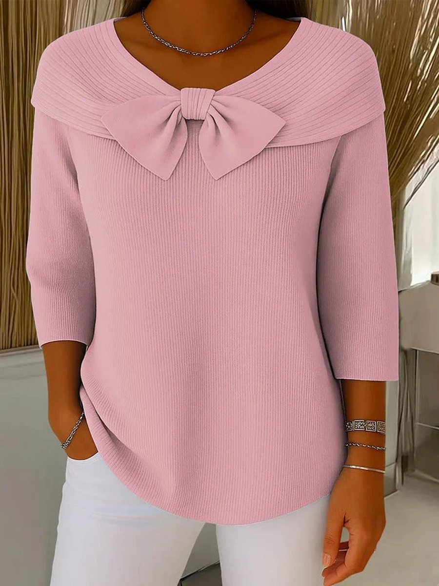 Women's Ribbed Bow-Detail 3/4 Sleeve Knit Sweater - Pink