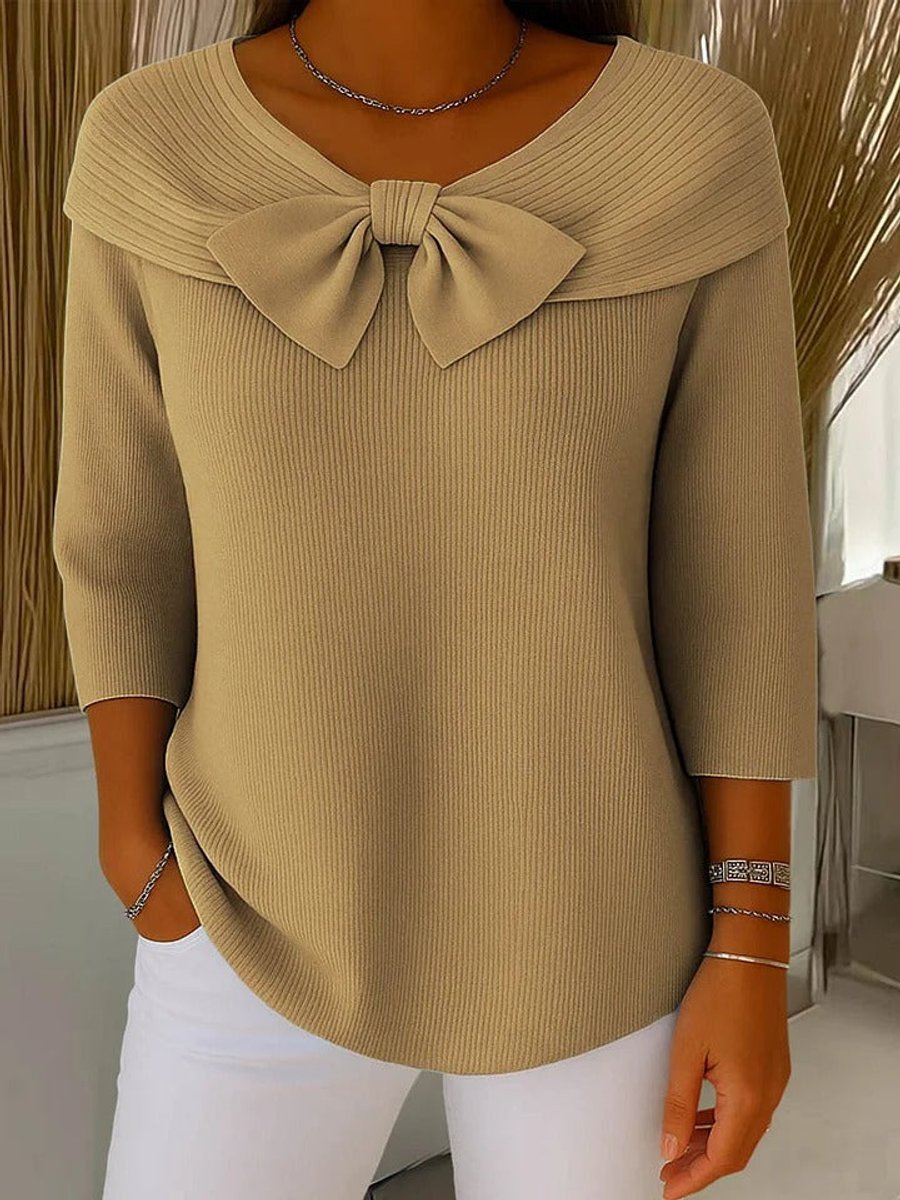 Women's Ribbed Bow-Detail 3/4 Sleeve Knit Sweater - Khaki
