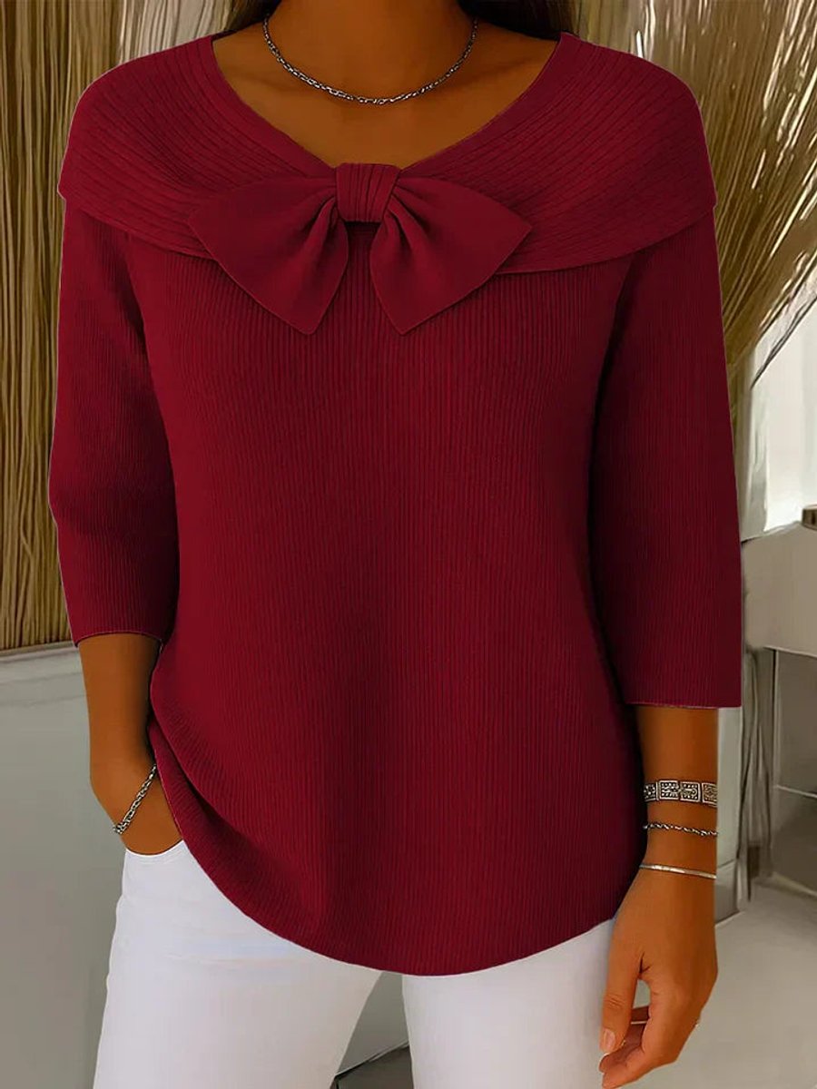 Women's Ribbed Bow-Detail 3/4 Sleeve Knit Sweater - Red