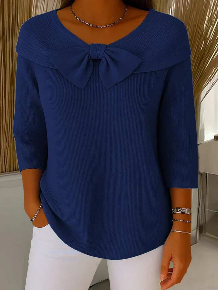 Women's Ribbed Bow-Detail 3/4 Sleeve Knit Sweater - Dark Blue