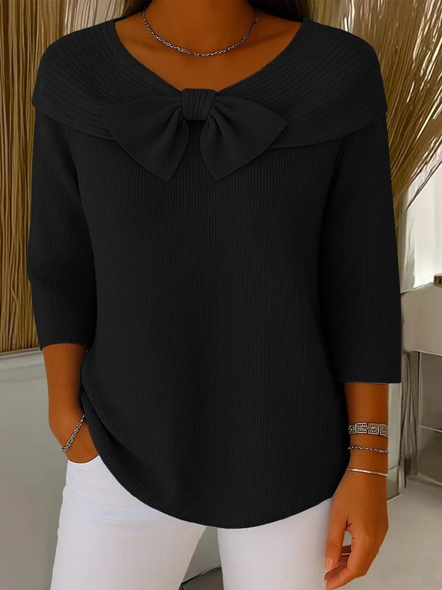 Women's Ribbed Bow-Detail 3/4 Sleeve Knit Sweater - Black