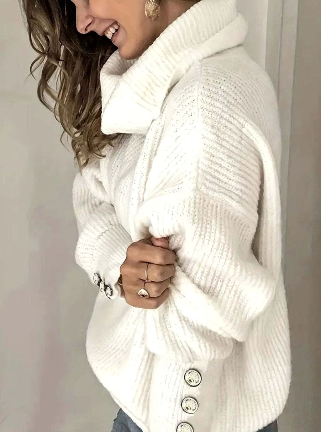 Women's Ribbed Cowl Neck Sweater Button-Cuff Turtleneck Pullover