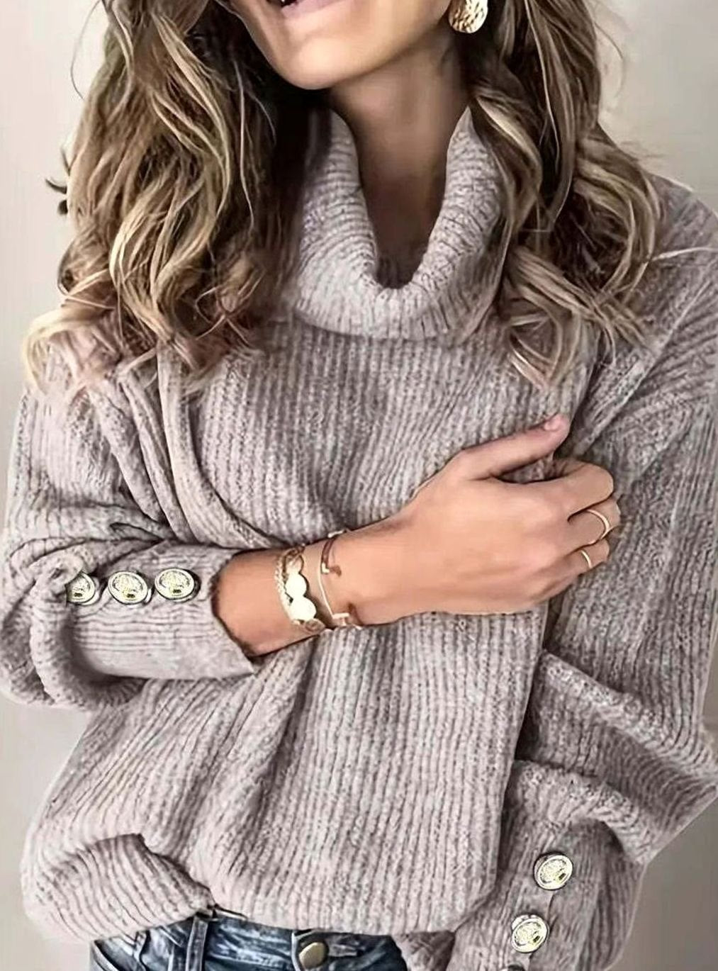 Women's Ribbed Cowl Neck Sweater Button-Cuff Turtleneck Pullover - Gray