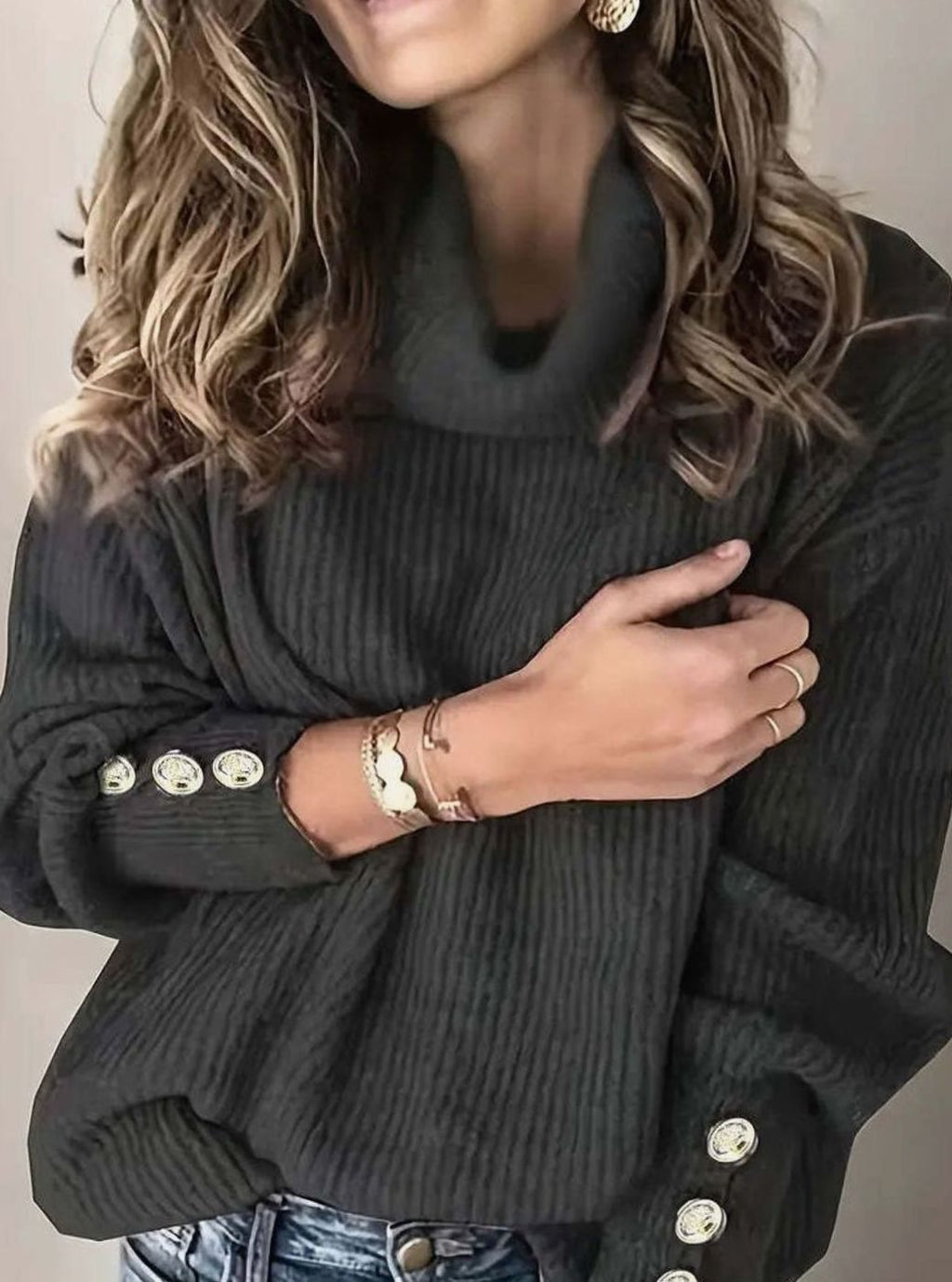 Women's Ribbed Cowl Neck Sweater Button-Cuff Turtleneck Pullover - Black