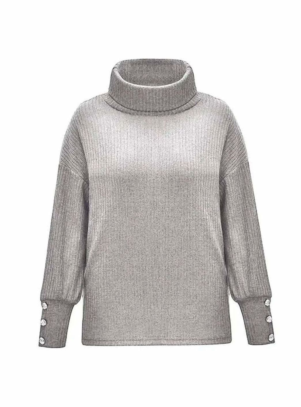 Women's Ribbed Cowl Neck Sweater Button-Cuff Turtleneck Pullover