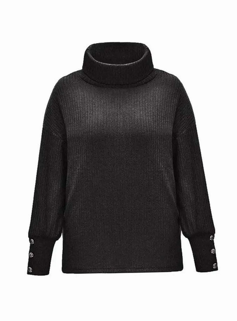 Women's Ribbed Cowl Neck Sweater Button-Cuff Turtleneck Pullover