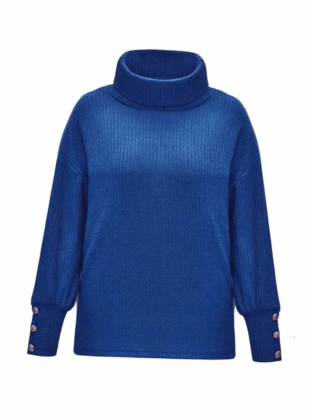 Women's Ribbed Cowl Neck Sweater Button-Cuff Turtleneck Pullover - Blue