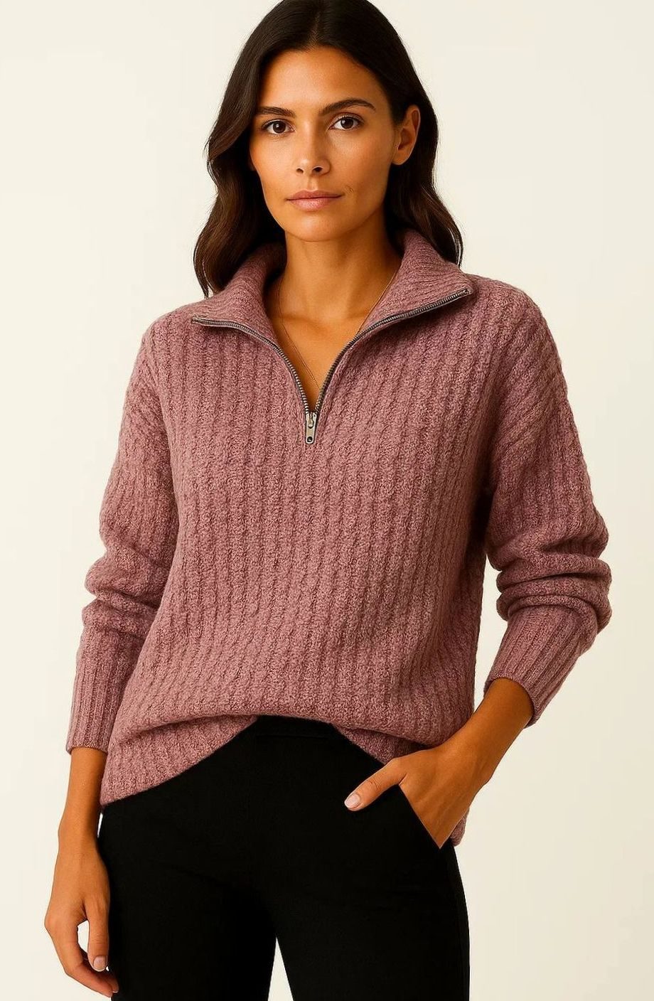 Women's Ribbed Half-Zip High-Neck Sweater, Mauve Pink - Pink