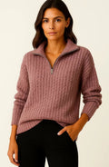 Women's Ribbed Half-Zip High-Neck Sweater, Mauve Pink - Pink